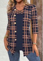 Navy tops,Plaid tops,ROTITA Plaid Navy Shirt Collar Fake Two Piece Twinset