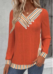 Orange tops,Striped tops,Geometric tops,ROTITA Button Striped Orange V Neck Long Sleeve Sweatshirt