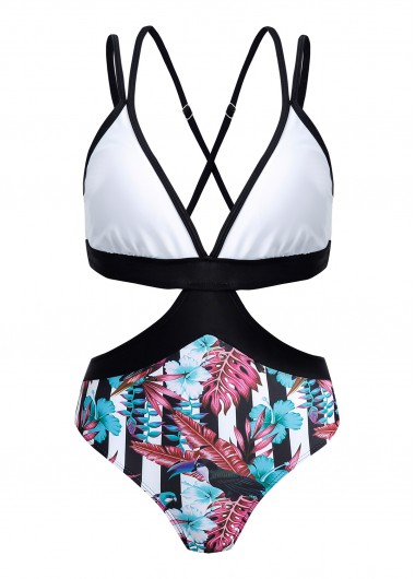 Rotita Cross Strap Floral Print Contrast One Piece Swimwear - L