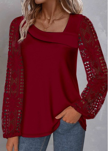 Wine Red tops,Plain Color tops,ROTITA Plus Size Lace Wine Red Asymmetrical Neck Blouse