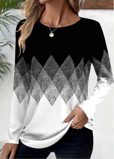 Black tops,White tops,Geometric tops,Chevron tops,Ombre tops,ROTITA Patchwork Geometric Print Black Boat Neck T Shirt