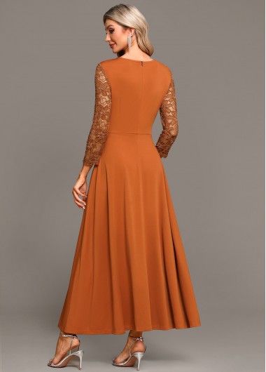 Terracotta dresses,Plain Color dresses,Party dresses,Elegant dresses,ROTITA Lace Terracotta Round Neck Long Sleeve Maxi Dress