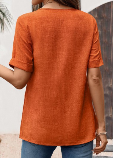 Brick Red tops,Plain Color tops,ROTITA Button Brick Red Round Neck Short Sleeve Blouse