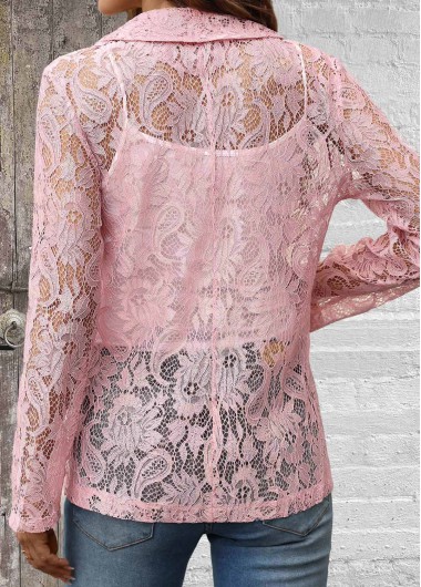 Pink tops,Plain Color tops,ROTITA Lace Pink Lapel Long Sleeve Light Cardigan