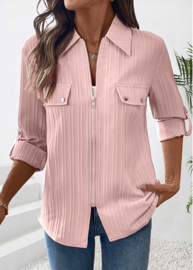 Dusty Pink tops,Plain Color tops,ROTITA Zipper Dusty Pink Long Sleeve Shirt