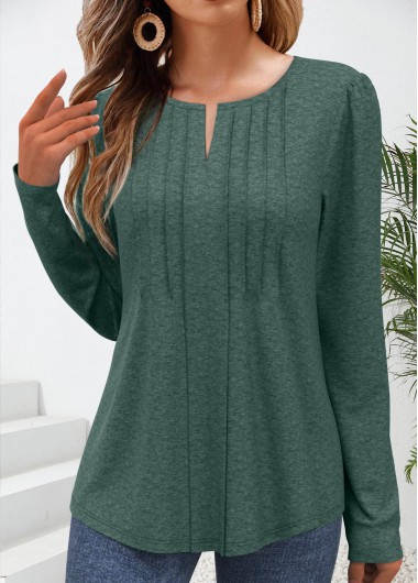 Green tops,Plain Color tops,ROTITA Tuck Stitch Green Split Neck Long Sleeve T Shirt
