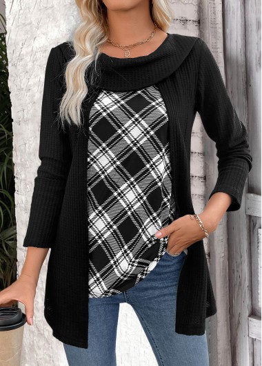 Black tops,Plaid tops,Striped tops,Geometric tops,ROTITA Plaid Black Round Neck Fake Two Piece Twinset
