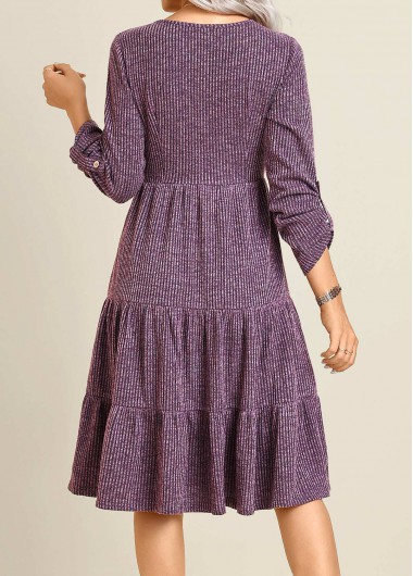 Purple dresses,Plain Color dresses,Everyday dresses,Casual dresses,ROTITA Button Purple Round Neck Long Sleeve Dress