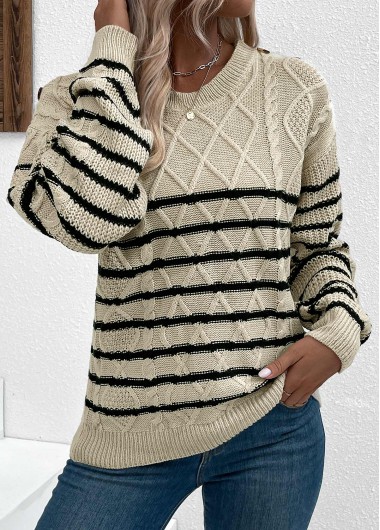 Light Camel tops,Striped tops,Geometric tops,Striped Light Camel Round Neck Long Sleeve Sweater