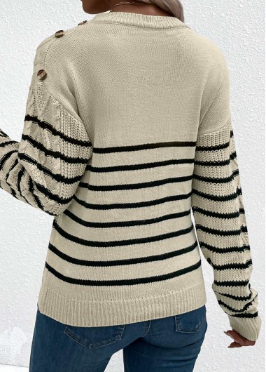 Light Camel tops,Striped tops,Geometric tops,Striped Light Camel Round Neck Long Sleeve Sweater