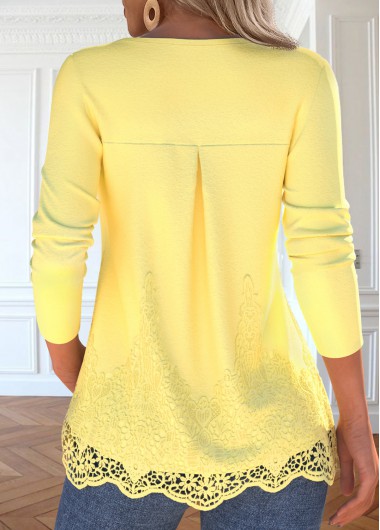 Light Yellow tops,Plain Color tops,ROTITA Embroidery Light Yellow Split Neck Long Sleeve T Shirt