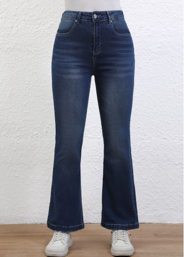Denim Blue bottoms,Plain Color bottoms,Button Denim Blue Flare Leg High Waisted Jeans