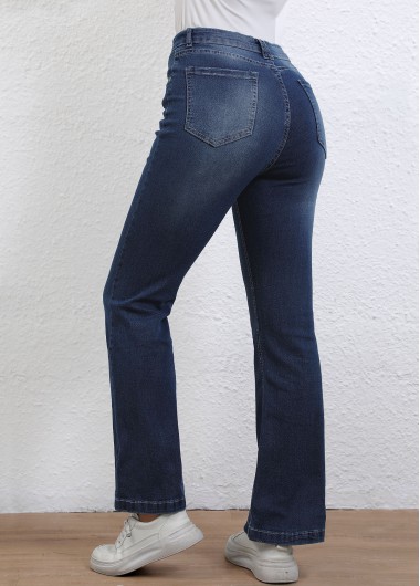 Denim Blue bottoms,Plain Color bottoms,Button Denim Blue Flare Leg High Waisted Jeans