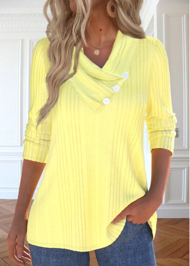 Light Yellow tops,Plain Color tops,ROTITA Button Light Yellow V Neck Long Sleeve T Shirt