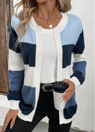Blue tops,Contrast Color tops,Patchwork Design Blue Long Sleeve Cardigan