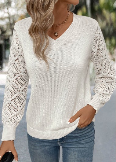 Beige tops,Plain Color tops,Beige V Neck Long Sleeve Sweater