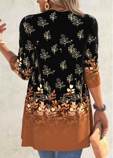 Black plus size,Plants plus size,Ombre plus size,ROTITA Plus Size Ruffle Black Leaf Print Light Cardigan