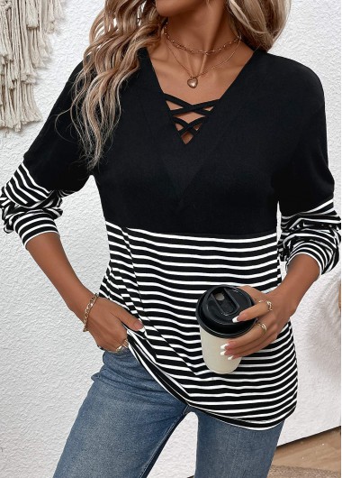Black tops,Striped tops,Geometric tops,ROTITA Criss Cross Striped Black V Neck T Shirt
