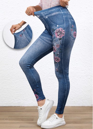 Denim Blue bottoms,Floral bottoms,Denim-Effect Print bottoms,Denim-effect Print Denim Blue High Waisted Elastic Waist Leggings