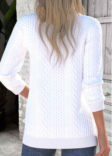 White tops,Plain Color tops,ROTITA Textured Fabric White Turn Down Collar Long Sleeve Sweatshirt