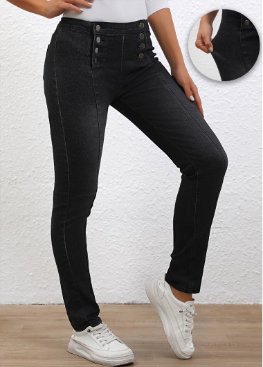 Black bottoms,Plain Color bottoms,Button Black Skinny High Waisted Pants