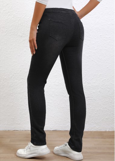 Black bottoms,Plain Color bottoms,Button Black Skinny High Waisted Pants