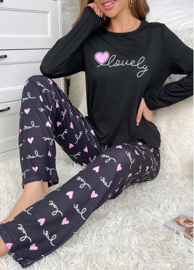 Black loungewear,Heart loungewear,Letter loungewear,Black Round Neck Heart Print Lounge Top and Pants