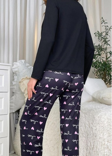 Black loungewear,Heart loungewear,Letter loungewear,Black Round Neck Heart Print Lounge Top and Pants