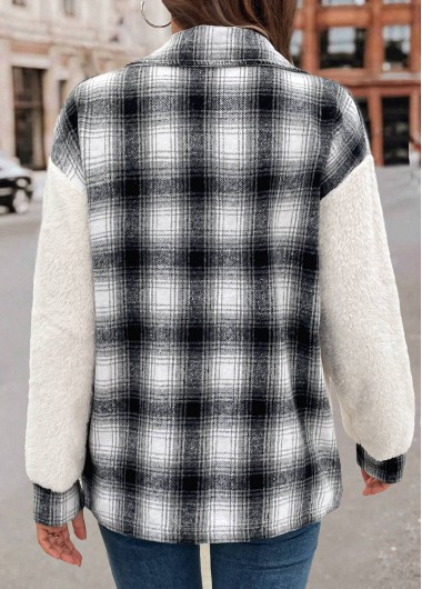 White tops,Geometric tops,Plaid tops,Patchwork Plaid White Shirt Collar Long Sleeve Coat