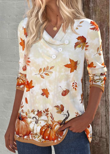 Light Yellow tops,Halloween tops,Plants tops,ROTITA Pumpkin Print Light Yellow V Neck T Shirt