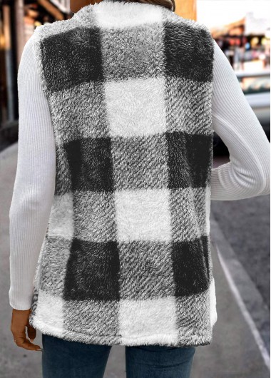 Black tops,Geometric tops,Plaid tops,Faux Fur Plaid Black Round Neck Sleeveless Waistcoat