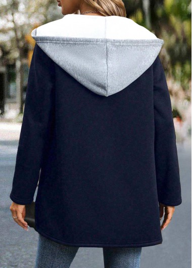 Dark Blue tops,Contrast Color tops,ROTITA Patchwork Dark Blue Long Sleeve Hoodie