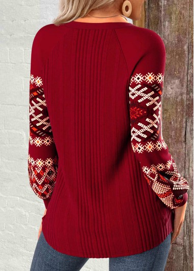 Wine Red tops,Tribal tops,ROTITA Patchwork Tribal Print Wine Red Round Neck Sweatshirt