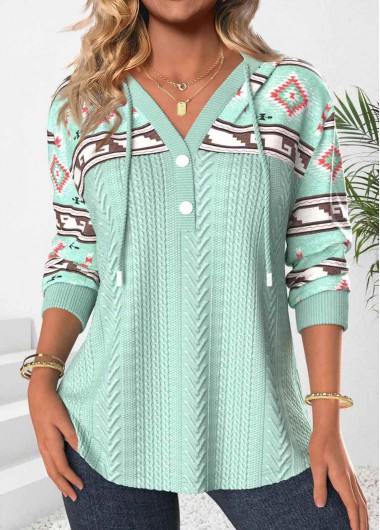 Green tops,Tribal tops,ROTITA Patchwork Tribal Print Green Long Sleeve Hoodie