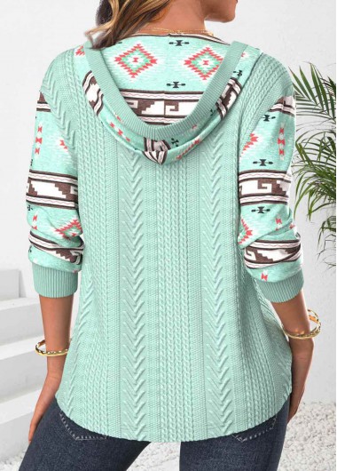 Green tops,Tribal tops,ROTITA Patchwork Tribal Print Green Long Sleeve Hoodie