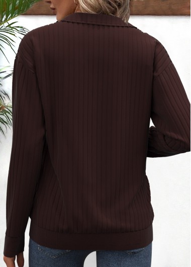 Dark Coffee tops,Plaid tops,Striped tops,Geometric tops,ROTITA Zipper Plaid Dark Coffee V Neck Long Sleeve Sweatshirt