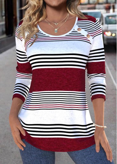 Deep Red tops,Striped tops,Geometric tops,ROTITA Patchwork Striped Deep Red Round Neck T Shirt