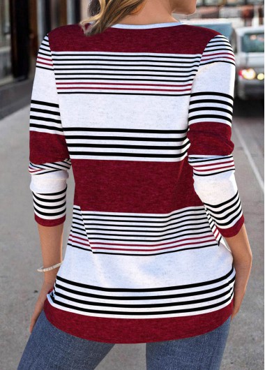 Deep Red tops,Striped tops,Geometric tops,ROTITA Patchwork Striped Deep Red Round Neck T Shirt