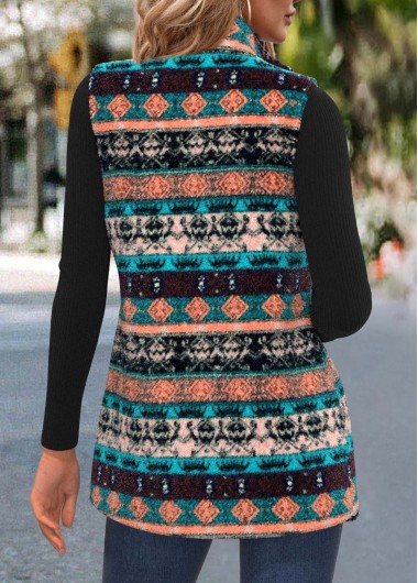Multi Color tops,Tribal tops,ROTITA Zipper Tribal Print Multi Color Stand Collar Sleeveless Waistcoat