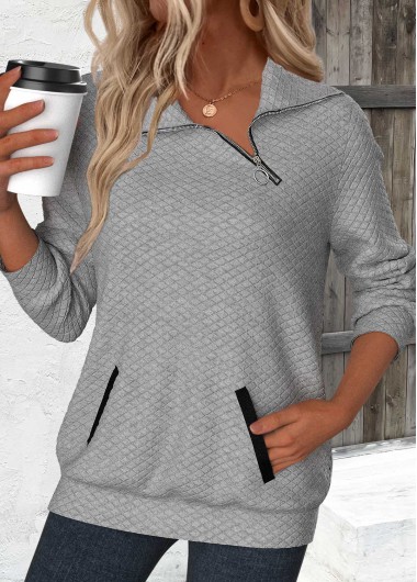 Grey tops,Plain Color tops,ROTITA Jacquard Grey Asymmetrical Neck Long Sleeve Sweatshirt