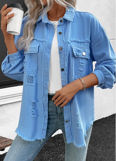 Denim Blue tops,Plain Color tops,Long Sleeve Patchwork Denim Blue Shirt