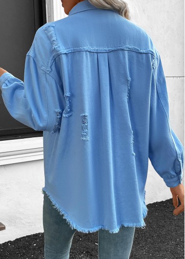 Denim Blue tops,Plain Color tops,Long Sleeve Patchwork Denim Blue Shirt
