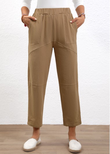 Light Coffee bottoms,Plain Color bottoms,Elastic Waist High Waisted Light Coffee Pants