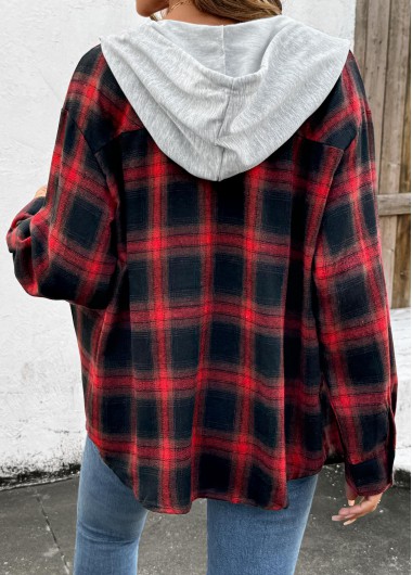 Red tops,Plaid tops,ROTITA Drawstring Plaid Red Long Sleeve Hoodie