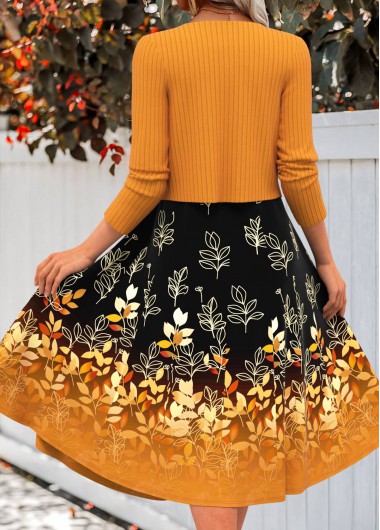 Terracotta dresses,Floral dresses,Plants dresses,Everyday dresses,Casual dresses,ROTITA Zipper Floral Print Terracotta V Neck Dress and Cardigan