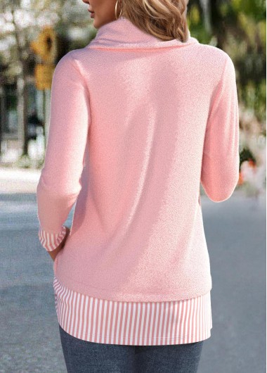 Light Pink tops,Striped tops,Geometric tops,ROTITA Patchwork Striped Light Pink Cowl Neck Long Sleeve Sweatshirt