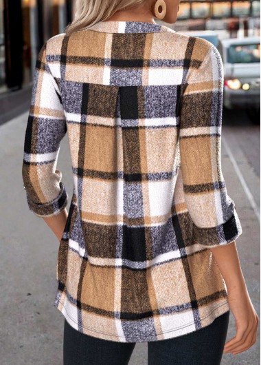 Dark Coffee tops,Plaid tops,ROTITA Zipper Plaid Dark Coffee Round Neck Long Sleeve Shirt