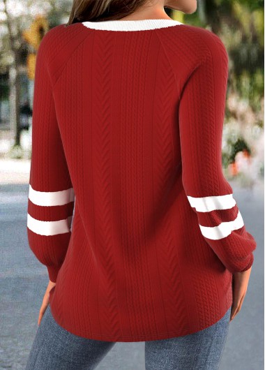 Red tops,Contrast Color tops,Striped tops,Geometric tops,ROTITA Textured Fabric Red Round Neck Long Sleeve Sweatshirt