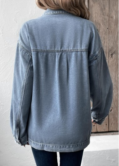 Denim Blue tops,Plain Color tops,Button Denim Blue Turn Down Collar Long Sleeve Coat