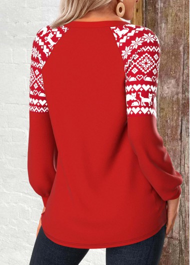 Red tops,Christmas tops,Letter tops,ROTITA Christmas Patchwork Red Round Neck Long Sleeve Sweatshirt